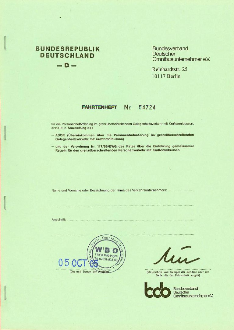 ASOR-Fahrtenheft grün (f.nicht EU-Staat)